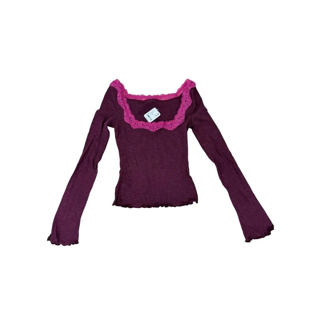 NWT Free People Womens Medium Pink Long Sleeve Layering Top Lace Trim